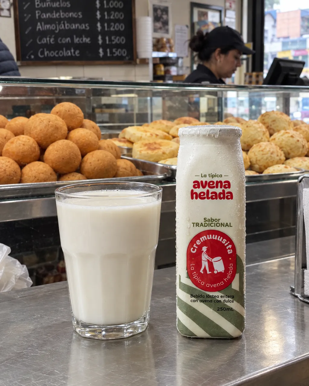 Vaso de avena servido en una cafetería de Bogotá